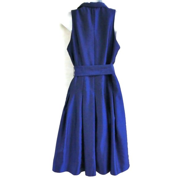 Jones New York Dress Cobalt Blue Taffeta Illusion Fit Flare Pleated Tie Lined M - Picture 2 of 10
